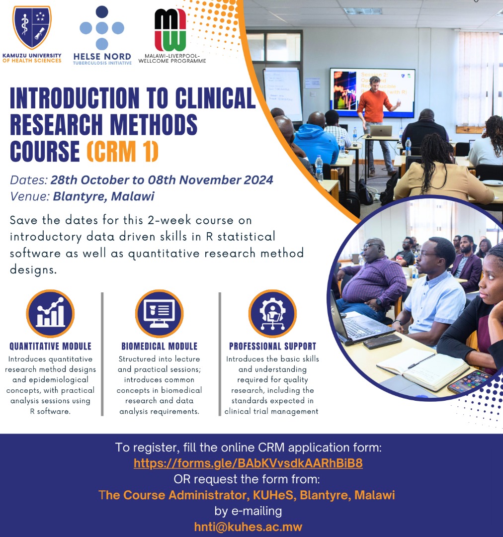 Titus Divala MD MPH MS PhD🇲🇼 (@tdivala) on Twitter photo Are you interested in Clinical Research?
Register for this excellent and career opening opportunity led by <a href="/NordHnti/">Helse Nord Clinical Research Initiative</a> at <a href="/KUHeS_mw/">Kamuzu University of Health Sciences</a> and <a href="/MLW_Programme/">Malawi Liverpool Wellcome Programme</a>
It doesnt matter whereever you are in the world, they will consider your application: (forms.gle/BAbKVvsdkAARhB…) hnti@kuhes.ac.mw Are you interested in Clinical Research?
Register for this excellent and career opening opportunity led by <a href="/NordHnti/">Helse Nord Clinical Research Initiative</a> at <a href="/KUHeS_mw/">Kamuzu University of Health Sciences</a> and <a href="/MLW_Programme/">Malawi Liverpool Wellcome Programme</a>
It doesnt matter whereever you are in the world, they will consider your application: (forms.gle/BAbKVvsdkAARhB…) hnti@kuhes.ac.mw