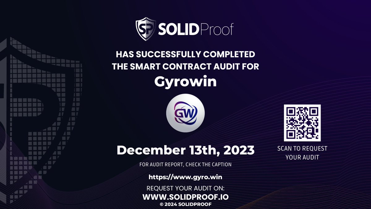 We are happy to announce that we have finished the smart contract audit for <a href="/Gyrowin/">Gyrowin</a> on the <a href="/ethereum/">Ethereum</a> blockchain🛡️

🧾Check out the full audit report here: github.com/solidproof/pro…

To check our TrustNet security score, please use our App: app.solidproof.io

🔐Need a smart