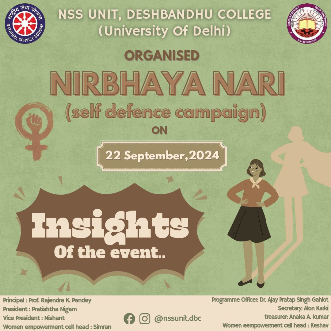 NssunitDbc's tweet photo. The NSS Unit of Deshbandhu College launched Nirbhay Nari, focusing on self-defense and awareness for vulnerable communities. The event featured a workshop on self-defense and recognizing unsafe touch, with resources like booklets and helpline pamphlets distributed in Hindi.#women https://t.co/XN2XsgLUsW