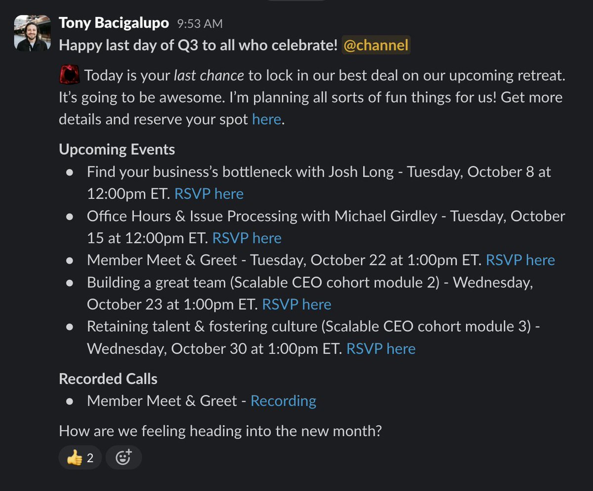Happy last day of Q3! We just announced a new slate of programming for October. 

Hit us with any questions about membership 👍