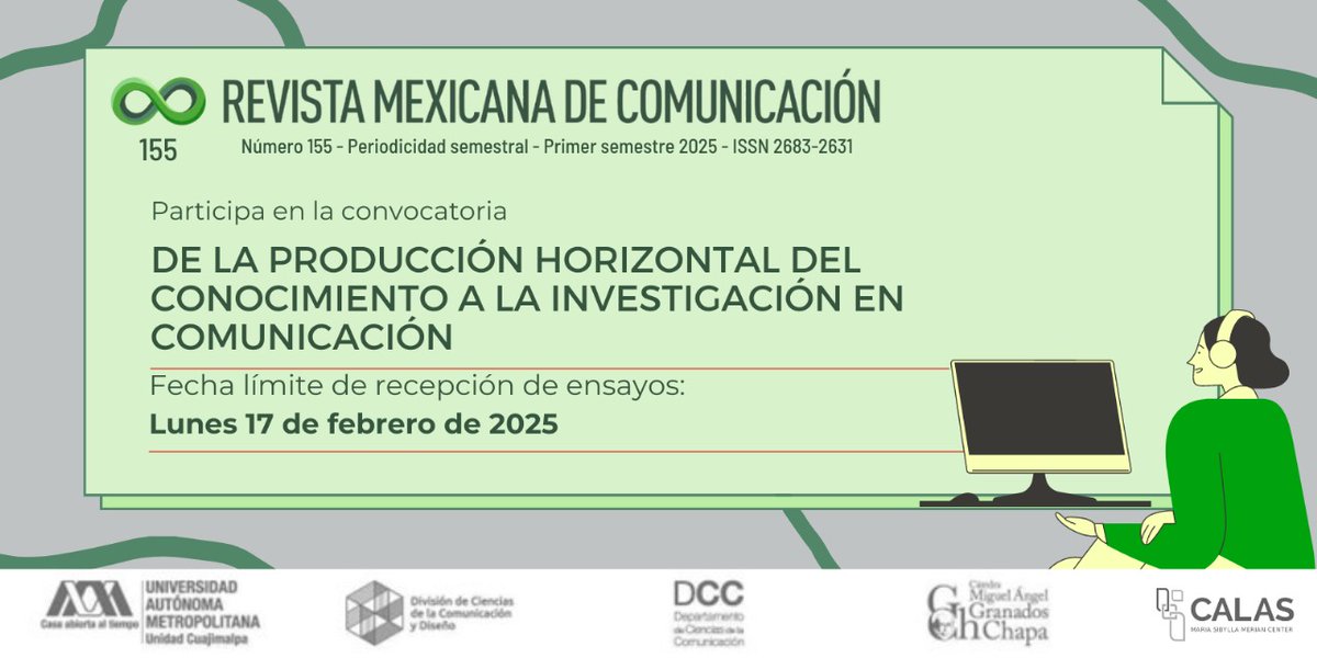 El #CALASCenter y la Revista Mexicana de Comunicación 📚 invitan a la convocatoria: «De la Producción Horizontal del Conocimiento a la investigación en comunicación». 

✍️ ¡Súmate y aporta tu perspectiva! 🌟

Consulta las bases: ➡️ bit.ly/4gHjN2D

<a href="/MexComunicacion/">Revista Mexicana de Comunicación</a>