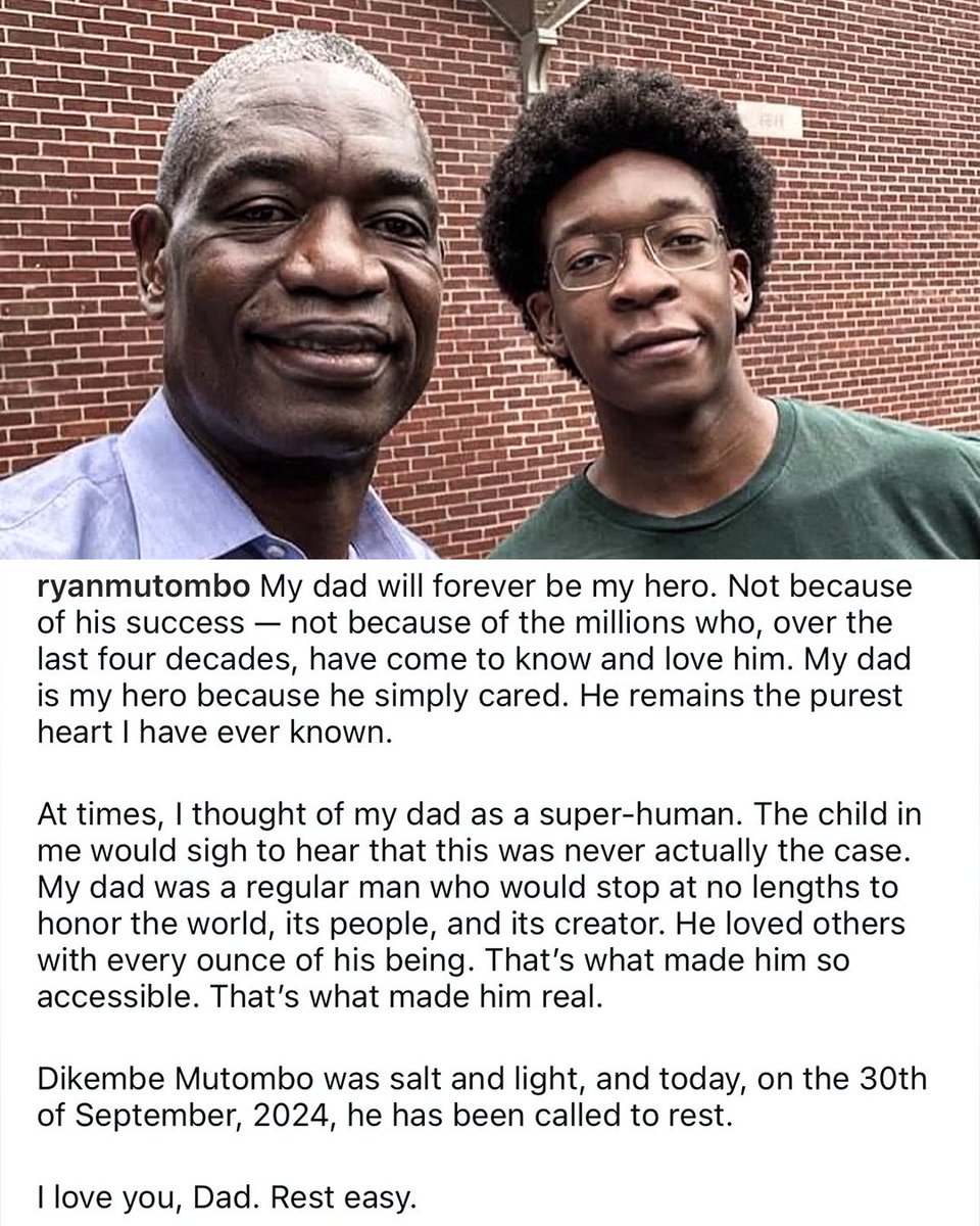 Dikembe Mutombo's son, Ryan, shared a special message honoring his father ❤️ 

(via ryanmutombo/IG)