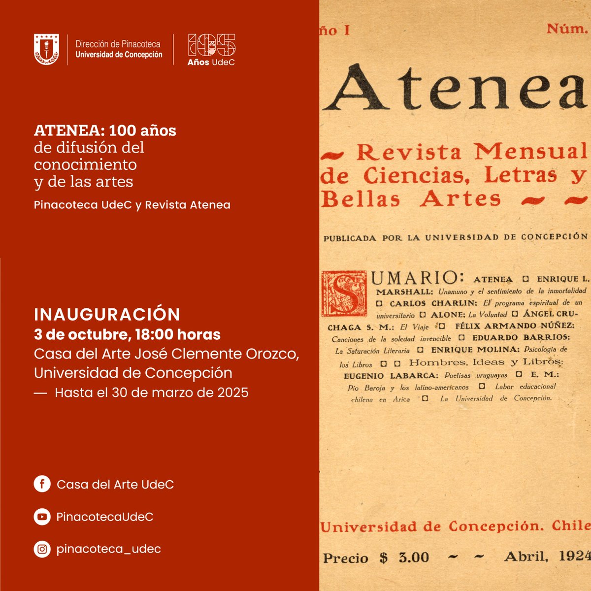 📌 El próximo jueves 3 de octubre tendremos la inauguración de la exposición "Atenea: 100 años de difusión del conocimiento y de las artes".

📍Casa del Arte UdeC
🕢18 horas