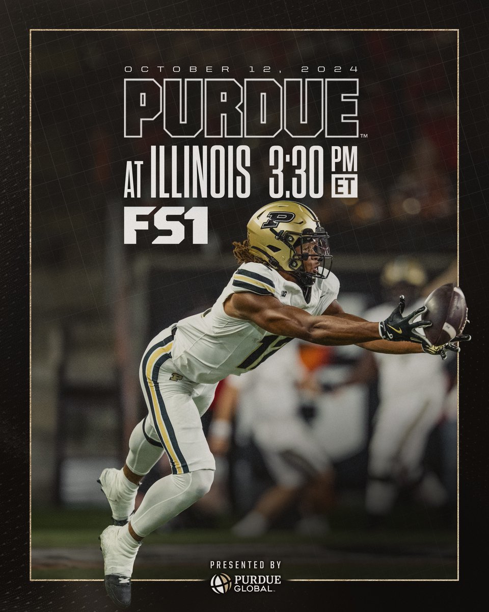 Kick time and broadcast info for the October 12 matchup at Illinois:

🕞 | 3:30 PM ET
📺 | <a href="/FS1/">FS1</a> 

#BoilerUp | <a href="/purdueglobal/">Purdue Global</a>
