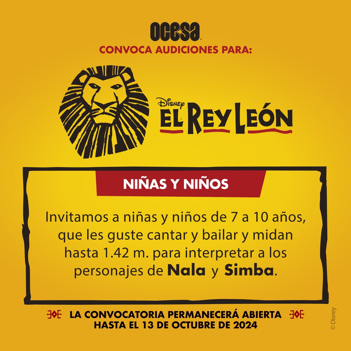 🚨¡BUSCAMOS A SIMBA Y NALA NIÑOS!🦁

Si estás interesado en que tu hijo/a forme parte del elenco de #ElReyLeónMx como Simba o Nala niños, llena el siguiente formulario: forms.gle/36S1HE9mjuKLT2…

Para cualquier duda, contáctanos a este correo: audicionesreyleonmx@gmail.com