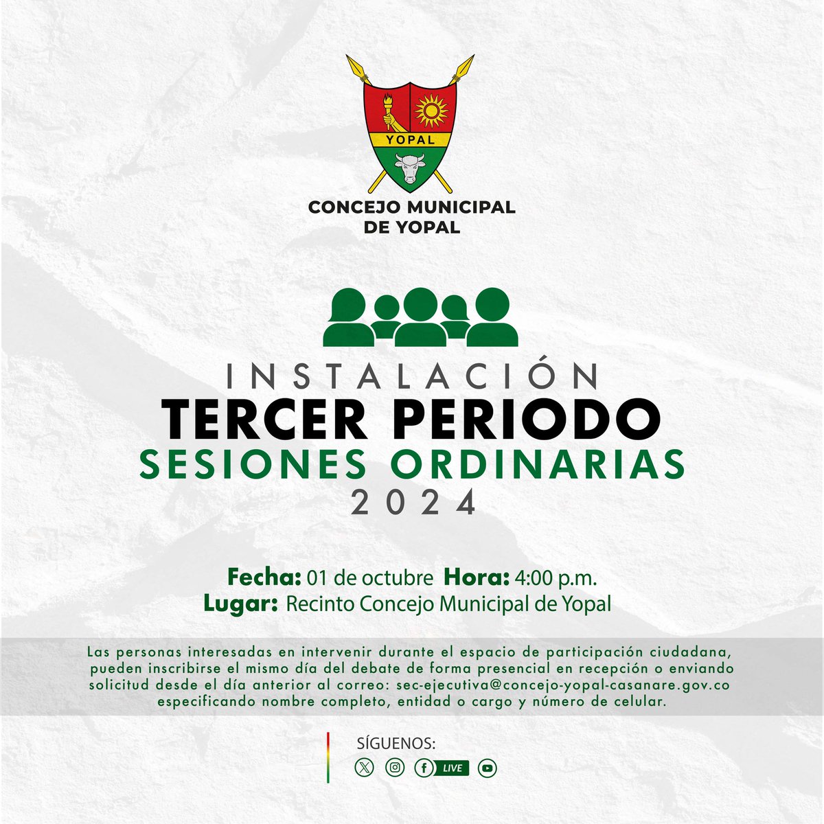 #Actualidad Inicia el 3er Periodo Sesiones Ordinarias en el Concejo de Yopal

Este 1 de octubre, a partir de las 4:00 p.m., el Concejo de Yopal dará comienzo al Tercer Periodo de Sesiones Ordinarias de 2024.

Un espacio fundamental para seguir construyendo el bienestar de Yopal.