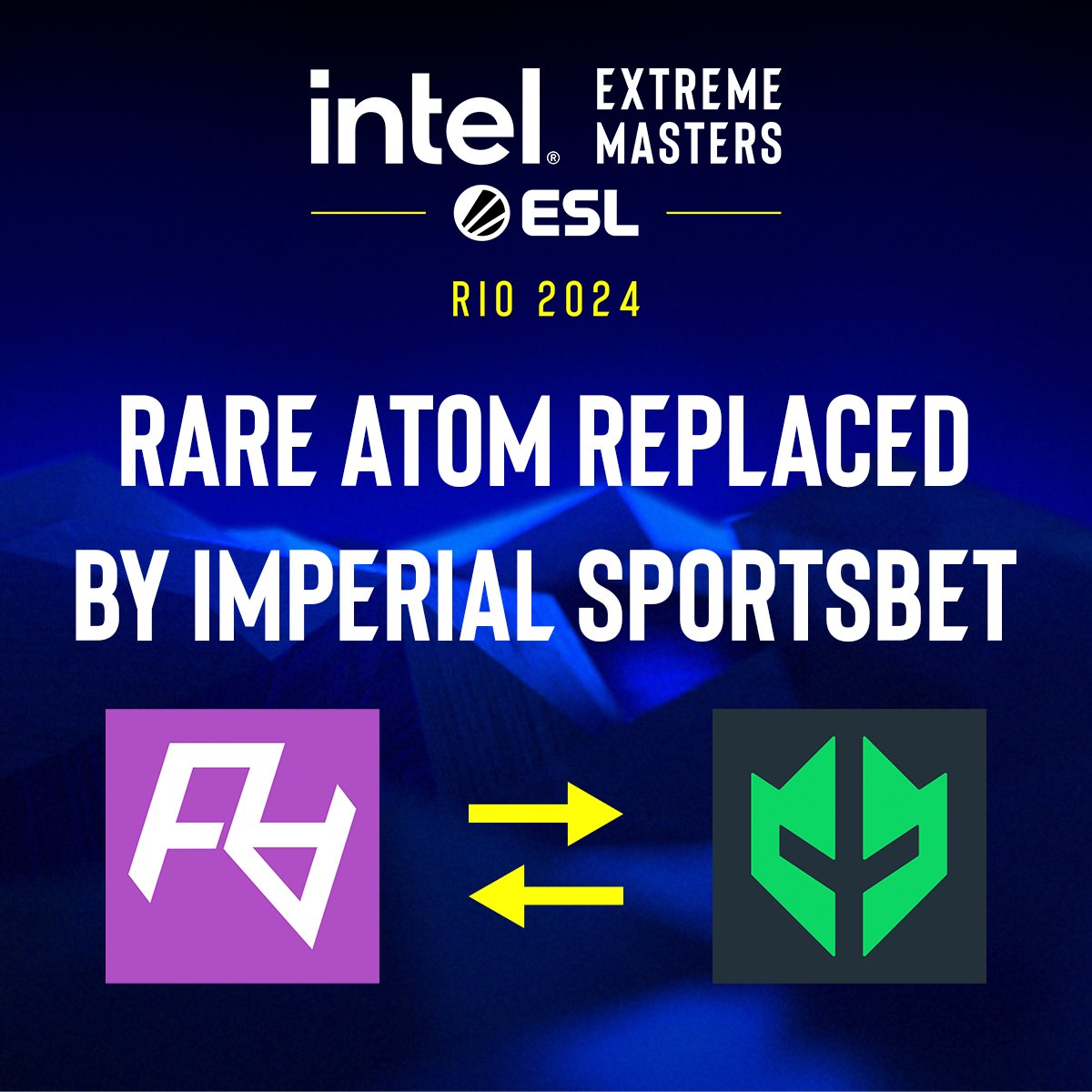 #IEM Rio 2024 Update 🚨

Unfortunately <a href="/rare_atom/">Rare Atom</a> are unable to attend #IEM Rio 2024 due to visa issues.

In line with our replacement rules we have invited <a href="/imperialesports/">Imperial Gamdom</a>  from the South America closed qualifier to replace them.