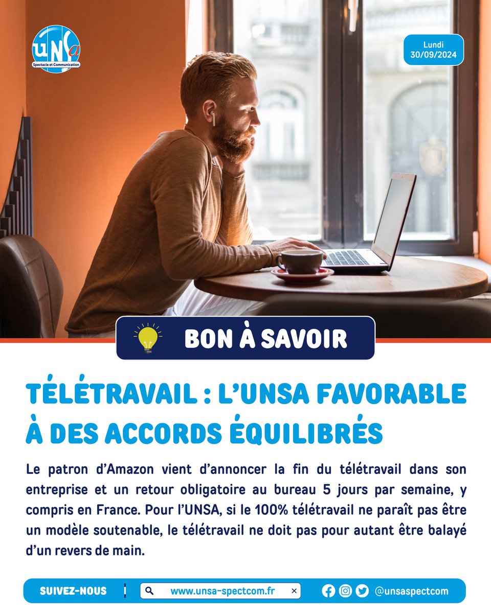 unsaspectcom's tweet photo. Amazon annonce la fin du télétravail obligatoire, un retour au bureau 5j/7, même en France. Pour @UNSA_officiel, le 100% distanciel n’est peut-être pas idéal, mais le télétravail doit rester une option !
Détails▶️ https://t.co/l46V2HmpXM
#Teletravail #Distanciel #UNSA #SpectCom https://t.co/PkschBpHyo