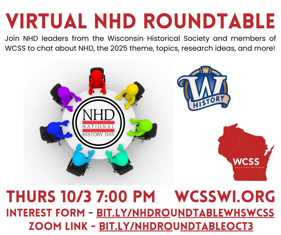 WCSS (@wcss1) on Twitter photo Join the Wisconsin Historical Society and Wisconsin Council for the Social Studies (WCSS) for a roundtable on all things NHD. THURSDAY, OCTOBER 3 at 7:00PM CST. Sign up at bit.ly/NHDROUNDTABLEW… <a href="/NationalHistory/">National History Day</a> <a href="/whspress/">Wisconsin Historical Society Press</a> #sschat #NHDchat Join the Wisconsin Historical Society and Wisconsin Council for the Social Studies (WCSS) for a roundtable on all things NHD. THURSDAY, OCTOBER 3 at 7:00PM CST. Sign up at bit.ly/NHDROUNDTABLEW… <a href="/NationalHistory/">National History Day</a> <a href="/whspress/">Wisconsin Historical Society Press</a> #sschat #NHDchat