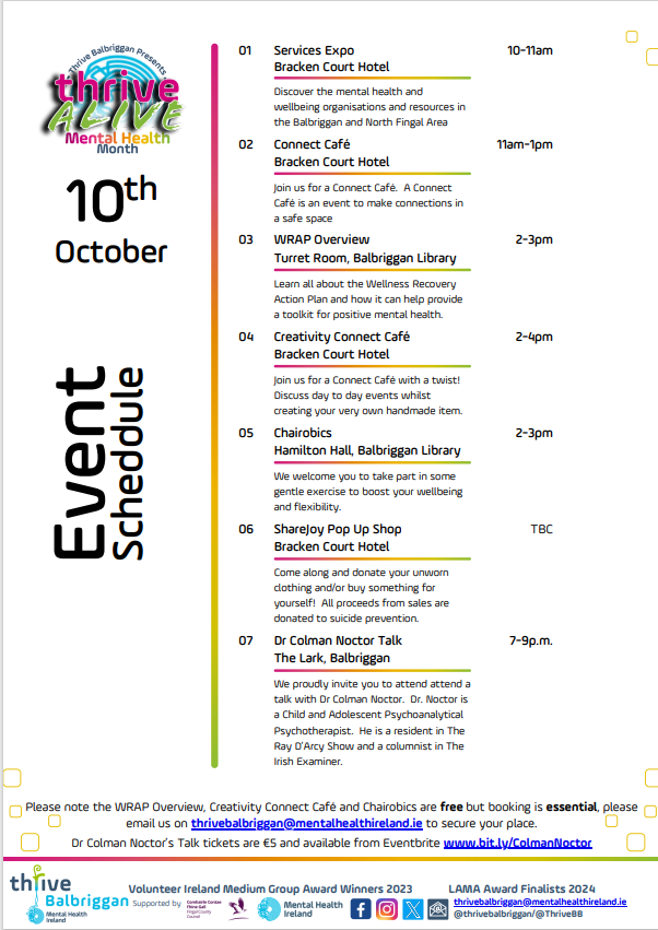 Carolin69050184's tweet photo. There is an amazing line-up of activities and events on offer from @ThriveBB this World Mental Health Day - Thursday 10th October. There's something for everyone! Contact thrivebalbriggan@mentalhealthireland.ie for queries. https://t.co/cv4hOVRhIc