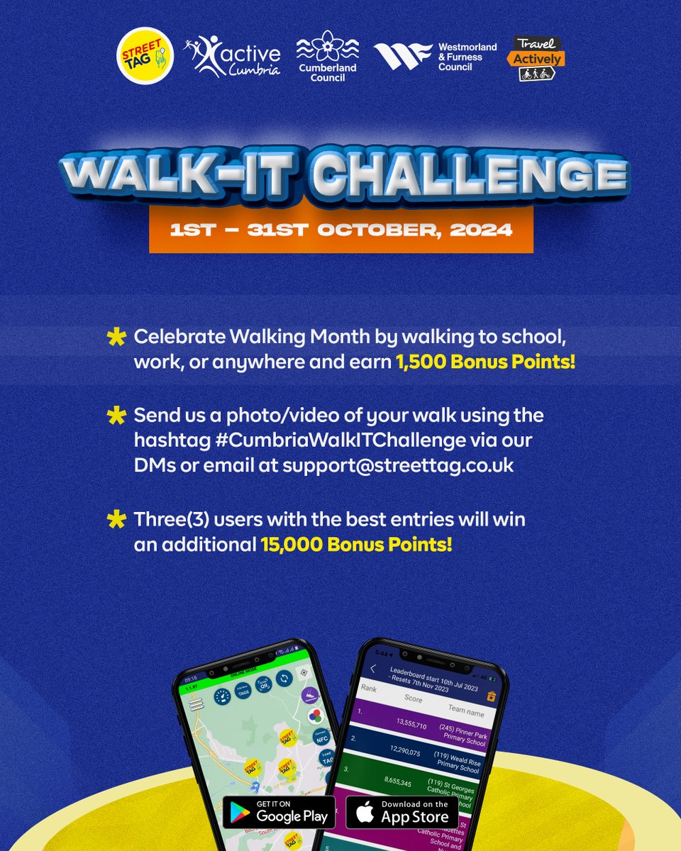 Street Tag (@streettaghq) on Twitter photo 🚨 Exciting times, CUMBRIA! 🚨
From the 1st to the 31st of October, join us in this epic month of fun challenges and rewards! 🎉
⭐ Tag Challenge
⭐ Walk-IT Challenge
⭐ Feet First Challenge
🎁 Don’t miss out—Let’s go, Cumbria!
@activecumbria
@wandfcouncil
<a href="/CumberlandCoun/">Cumberland Council</a> 🚨 Exciting times, CUMBRIA! 🚨
From the 1st to the 31st of October, join us in this epic month of fun challenges and rewards! 🎉
⭐ Tag Challenge
⭐ Walk-IT Challenge
⭐ Feet First Challenge
🎁 Don’t miss out—Let’s go, Cumbria!
@activecumbria
@wandfcouncil
<a href="/CumberlandCoun/">Cumberland Council</a>