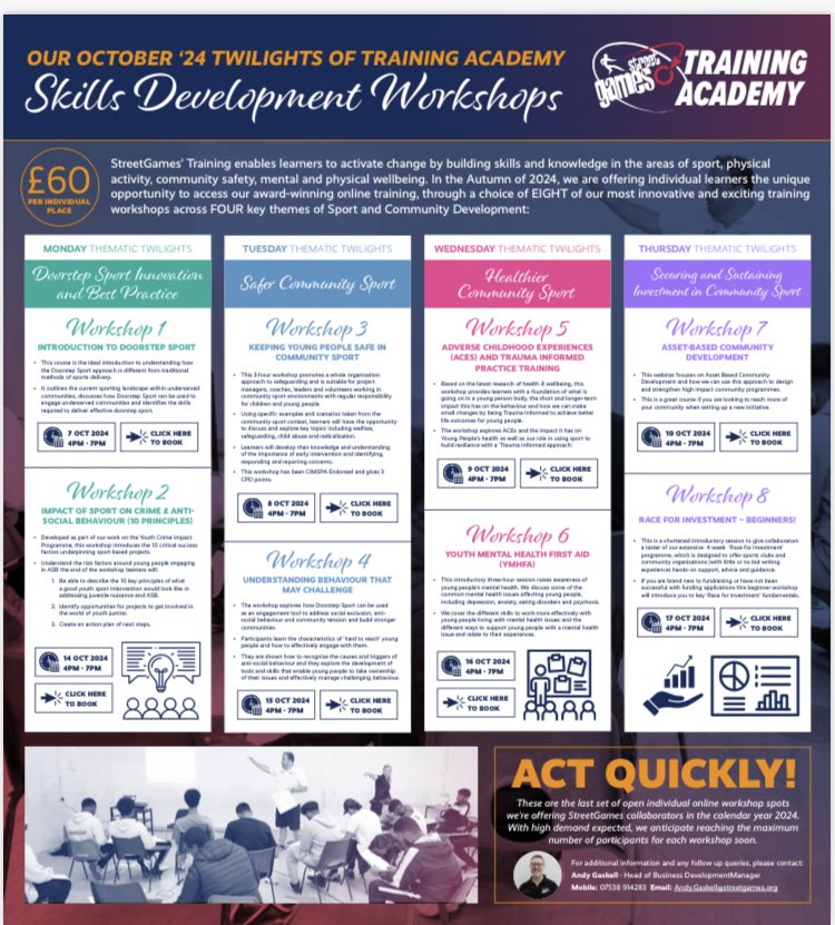 If you’re looking for some easy to access CPD for your teams to help develop their skills, knowledge &amp; confidence, then look no further than our twilight workshops coming up throughout October. <a href="/StreetGames/">StreetGames</a> #DoorstepSport
