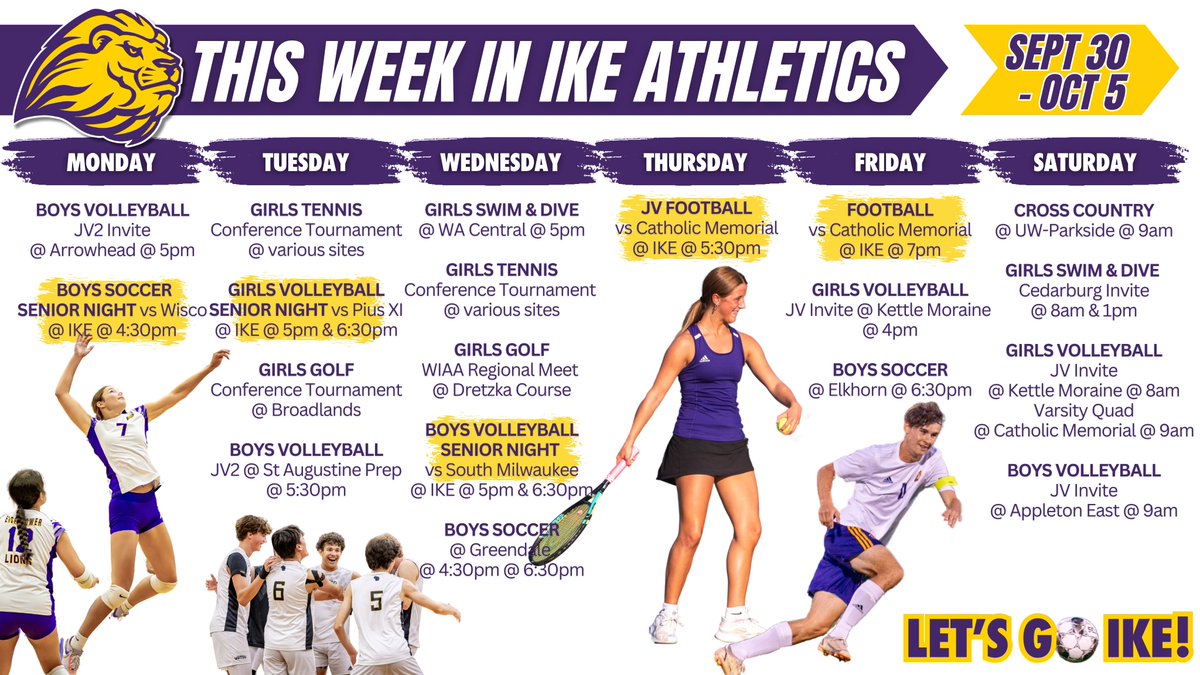 IkeLions's tweet photo. Busy week full of home events! Including senior nights for boys soccer, girls volleyball, and boys volleyball! And postseason action for girls tennis and girls golf!
#letsgoike
#letsgounited https://t.co/IsQFK9eDdX