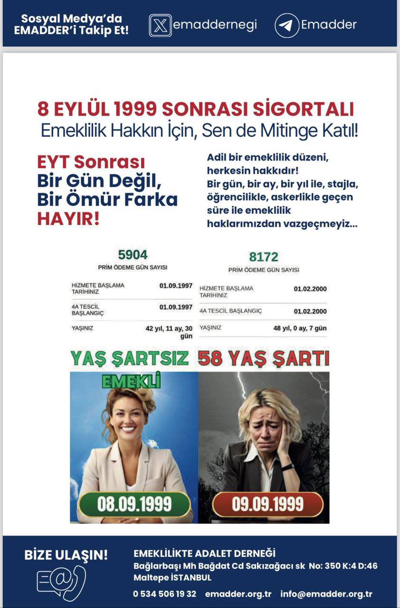 43 den sonra 44 gelir 60 değil‼️

#27Ekim2024
Kademeli Emeklilik Mitingi
<a href="/EmadDernegi/">EMEKLİLİKTE ADALET DERNEĞİ ⚖️</a>