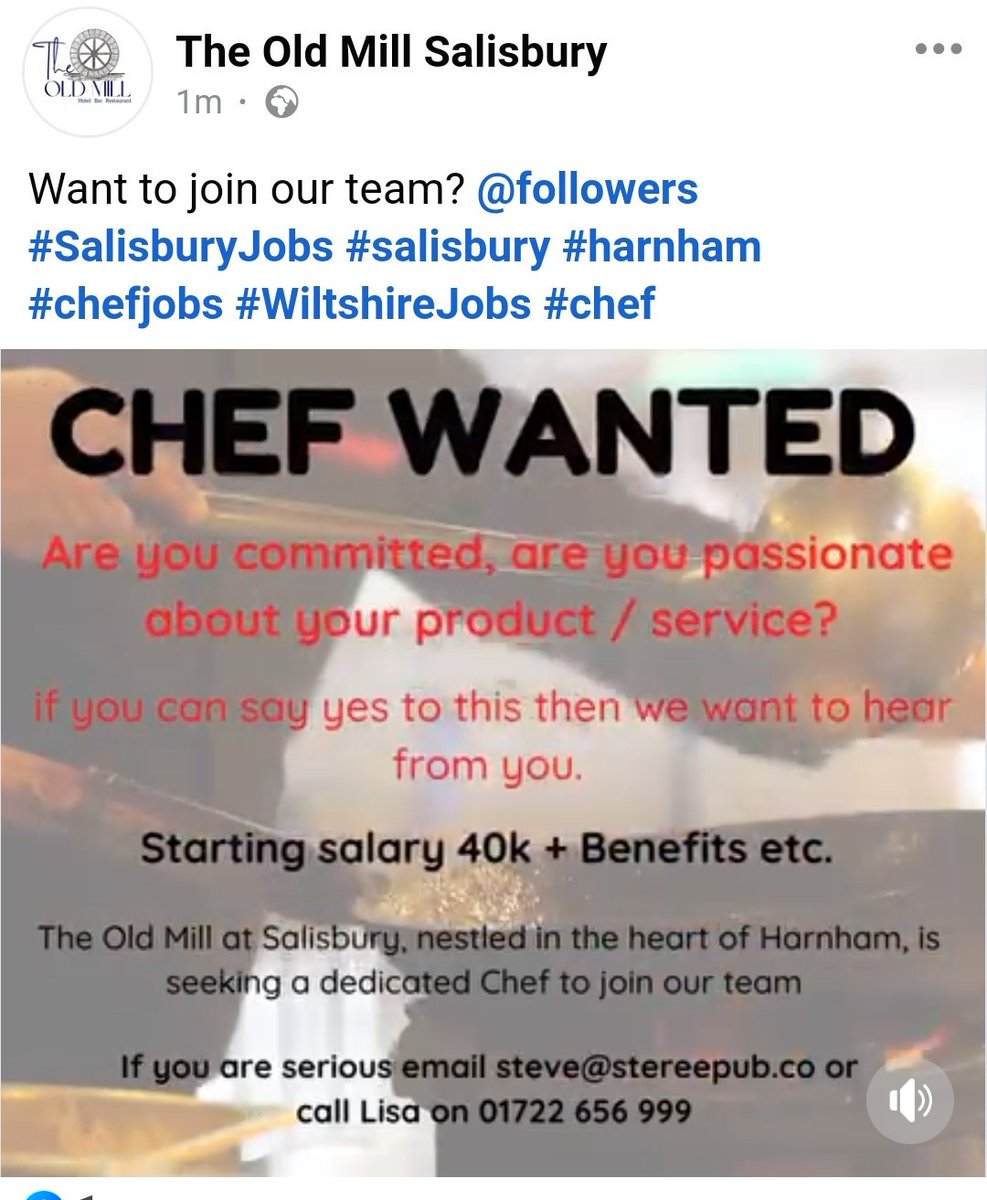 The Old Mill Pub in Harnham are looking for a chef 🍽
