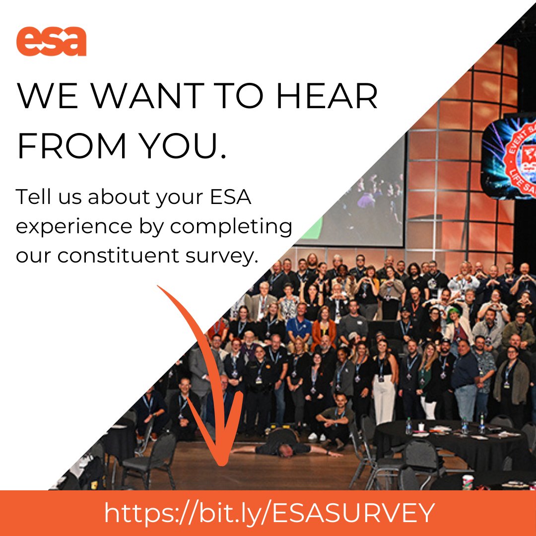 Event Safety Alliance (@eventsafety4all) on Twitter photo In case you missed it, ESA is seeking feedback to ensure we meet the industry's needs and interests. Make your voice heard by completing this brief survey, which should take 5–10 minutes. Visit bit.ly/ESASURVEY to get started.
#eventsafety #eventprofs #membership In case you missed it, ESA is seeking feedback to ensure we meet the industry's needs and interests. Make your voice heard by completing this brief survey, which should take 5–10 minutes. Visit bit.ly/ESASURVEY to get started.
#eventsafety #eventprofs #membership