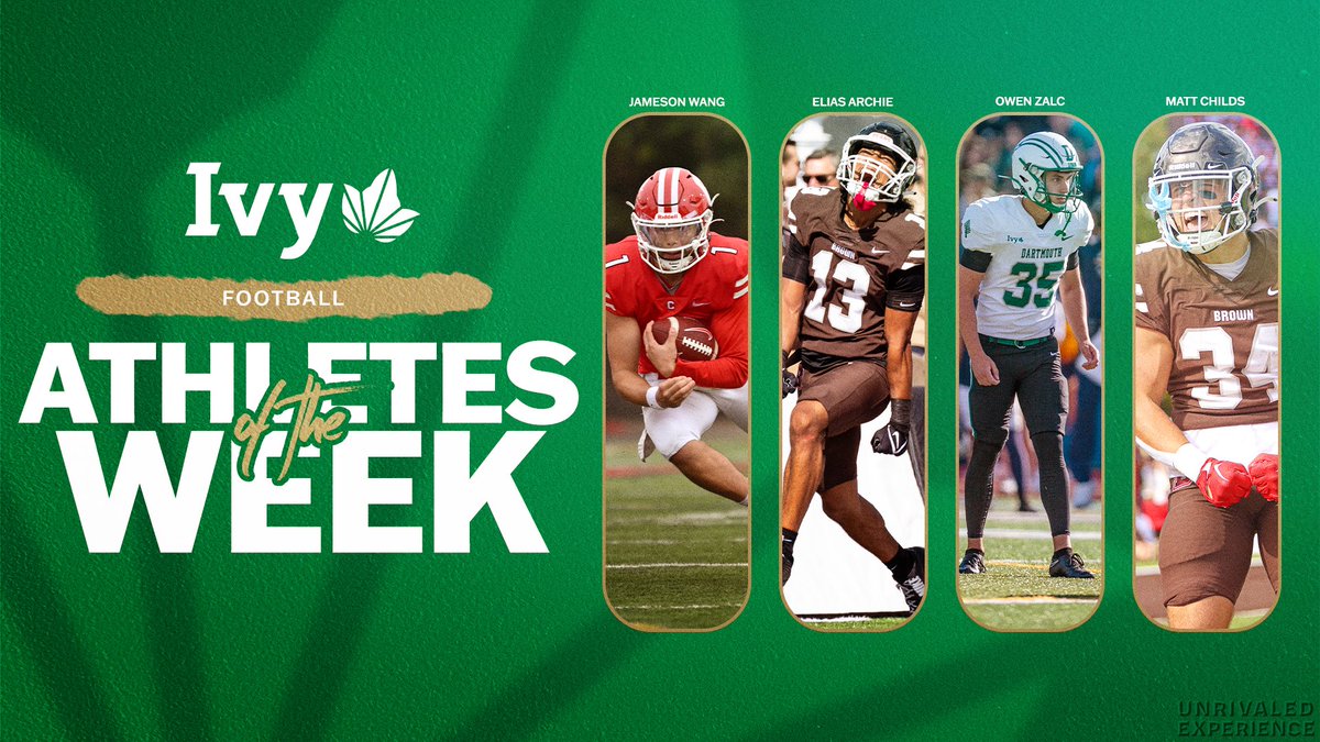 Following 💪performances <a href="/BigRed_Football/">Cornell Football</a>'s Jameson Wang (offensive), <a href="/BrownU_Football/">Brown Bears Football</a>'s Elias Archie (defensive) and Matt Childs (rookie) and <a href="/DartmouthFTBL/">Dartmouth Football</a>'s Owen Zalc (special teams) earned weekly Ivy football awards. 🌿🏈

📰 » ivylg.co/FB093024