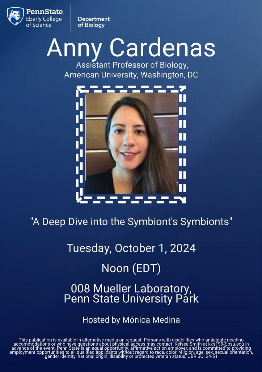 Penn State Biology (@pennstatebio) on Twitter photo Learn about some symbionts at tomorrow's #PSUBiologySeminar with <a href="/ReefProkaryota/">Anny Cárdenas</a> 🪸 🧫 Hosted by @momedinamunoz Learn about some symbionts at tomorrow's #PSUBiologySeminar with <a href="/ReefProkaryota/">Anny Cárdenas</a> 🪸 🧫 Hosted by @momedinamunoz