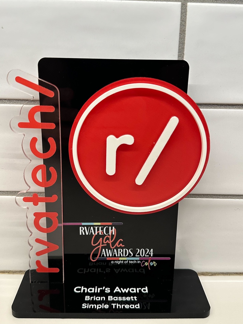 simple_thread's tweet image. We are so excited to share that #Threadhead Brian Bassett was honored with the @rvatech Chair’s Award at their Gala for service and innovation in our community! 🎉