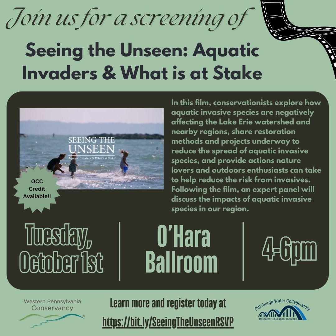 Join us tomorrow 10/1 from 4-6 for a free screening of the <a href="/WaterLandLife/">WesternPAConservancy</a> film, “Seeing the Unseen: Aquatic Invaders and What’s at Stake”. Following the film, an expert panel will discuss the impacts of aquatic invasive species in our region. Register at bit.ly/SeeingTheUnsee…