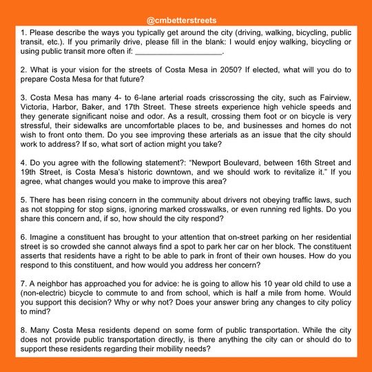 The results of our 2024 City Council Candidate Questionnaire are in! Check out the link in the replies to see how this year’s candidates weigh in on street safety, active transportation, and transit!

Have some answers of your own? Let’s hear ‘em!