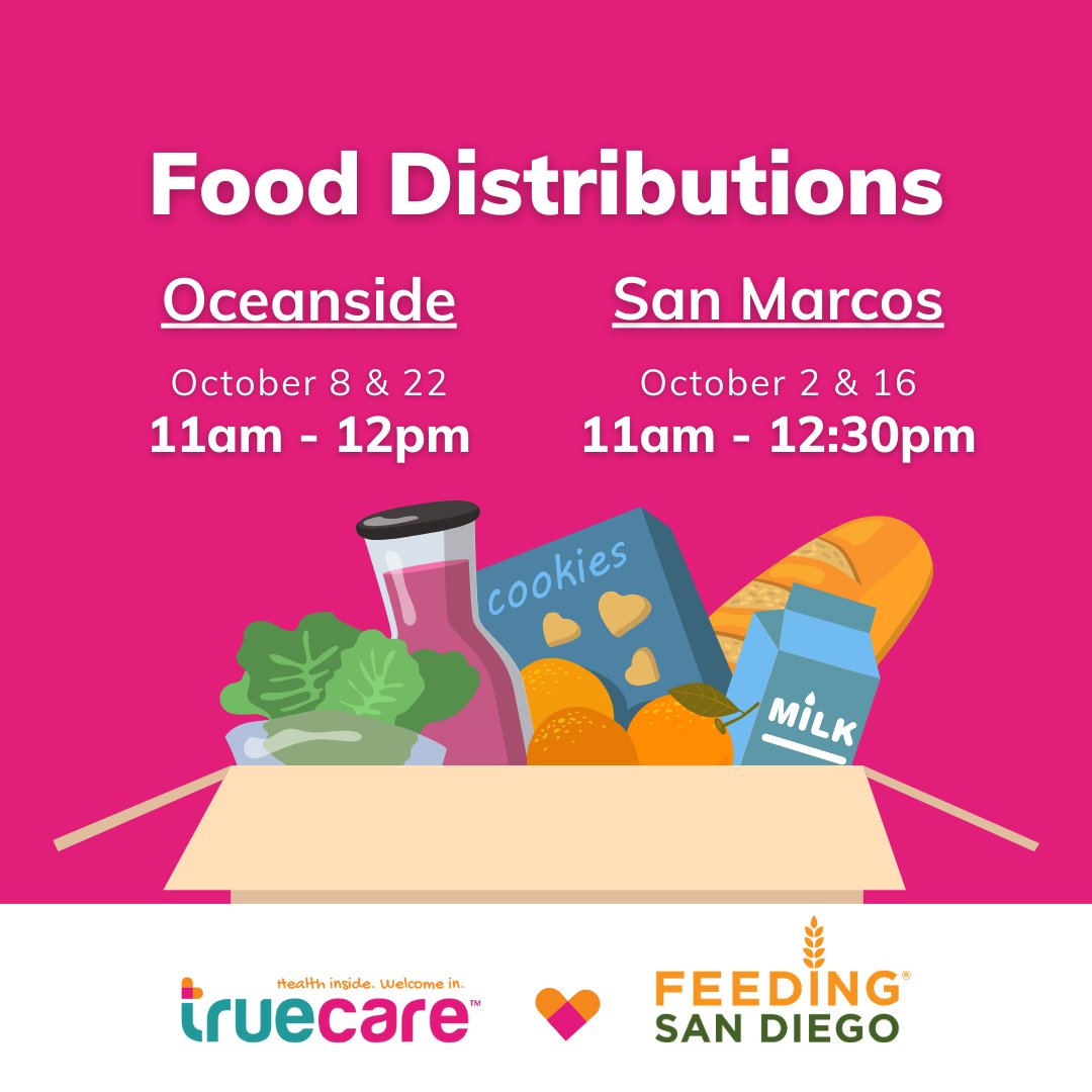 healthtruecare's tweet image. TrueCare in partnership with @FeedingSanDiego, will be offering just treats, no tricks at our food distributions 👻🥫🥕

Mark your calendars for these dates to pick up some extra food for your family. Patients &amp;amp; community members are welcome, no appointment is needed! #SDFoodHelp