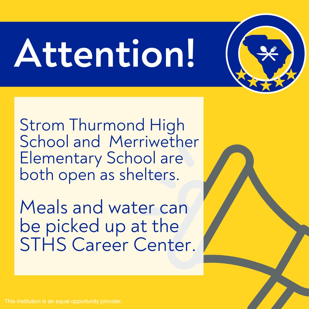 ecsdnutrition's tweet photo. 🚨 Attention, Edgefield County Community! 🚨 Strom Thurmond High School and Merriwether Elementary School are open as shelters. If you need meals and water, please visit the Career Center at Strom Thurmond High School. Stay safe and take care of one another! 💙
@ECSD_SC https://t.co/i8tz9WKRLT