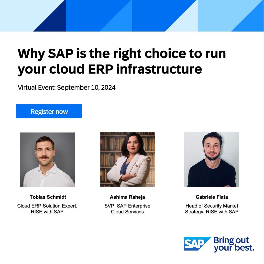 clynch09's tweet photo. RISE with SAP includes an AI-enabled cloud ERP that’s managed and optimized by SAP. 

Join our 30-minute webcast on September 10 to learn about the benefits of letting SAP experts handle the day-to-day running of your cloud ERP infrastructure. 

👉 https://t.co/oBr8Yn94Uy https://t.co/GnxBpHgClq