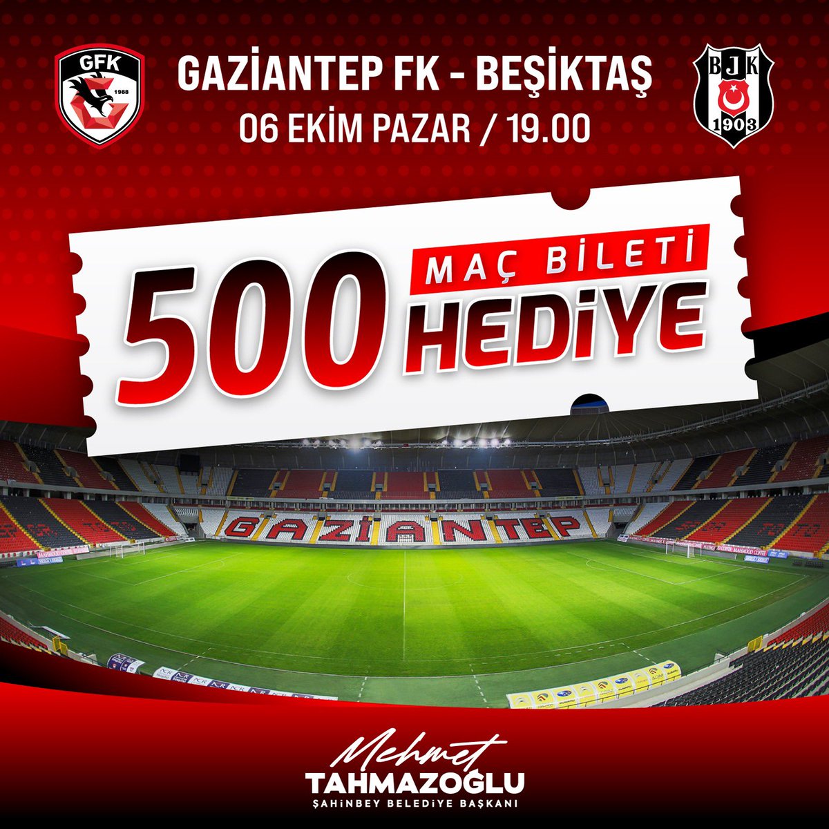 Genç taraftarlarımıza müjde!📣

Şehrimizin marka değeri olan takımımızı desteklemek isteyen gençlerimize harika bir hediye hazırladık.

Ödülü kazanmak için yapmanız gerekenler;

📱<a href="/sahinbeybel/">Şahinbey Belediyesi</a> ve <a href="/mtahmazoglu/">Mehmet Tahmazoğlu 🇹🇷</a> hesaplarını takip et
✅Gönderiyi beğen ve RT yap
🔁Bir arkadaşını