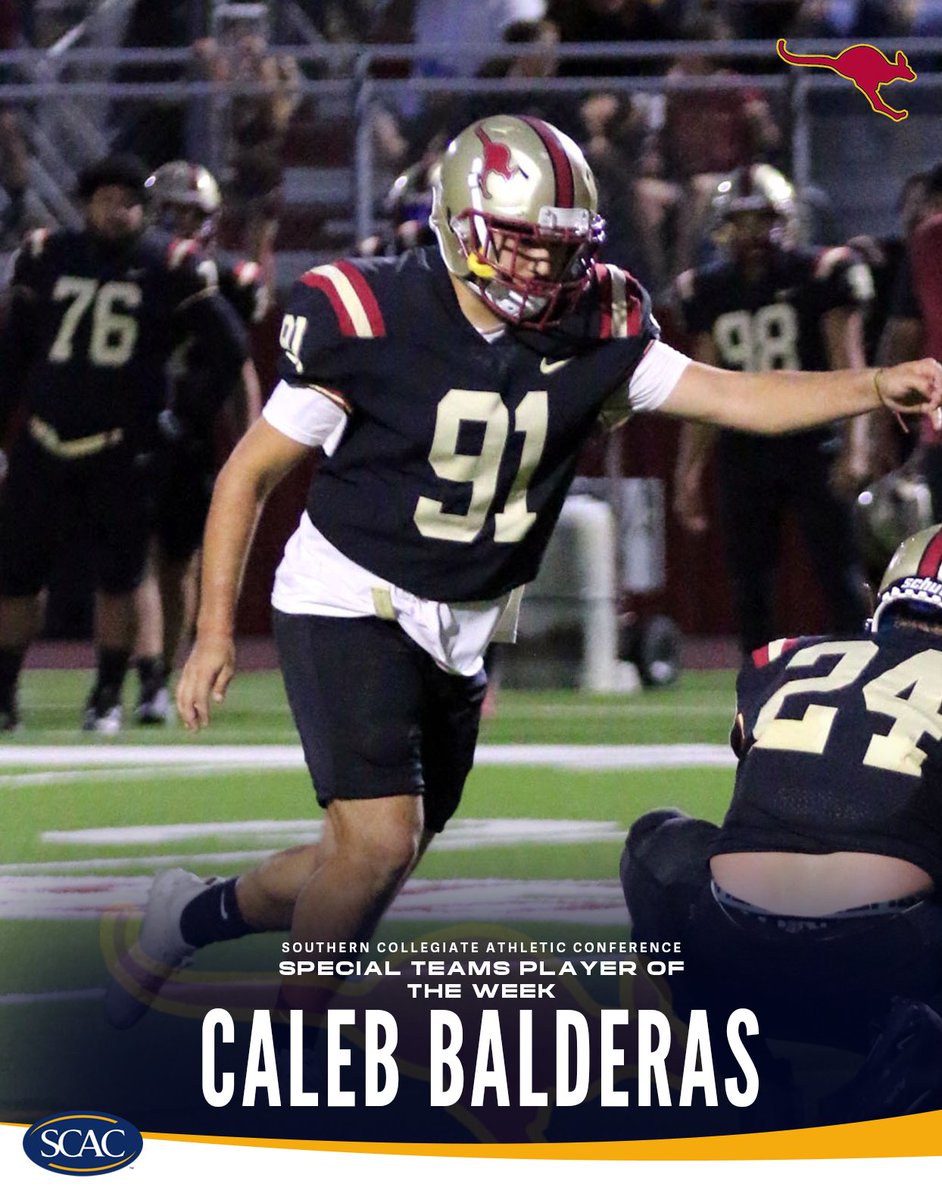 Caleb Balderas of <a href="/ACsports/">Austin College 'Roos Athletics</a> named #SCACFb Special Teams Player of the Week after a PERFECT 3-for-3 effort last week with made FGs from 43, 44 and a career-best 49 yards (tied for 9th longest FG in SCAC history)

📰| shorturl.at/unNBx

#SCACPride | #d3fb | #WhyD3 | #SCAC