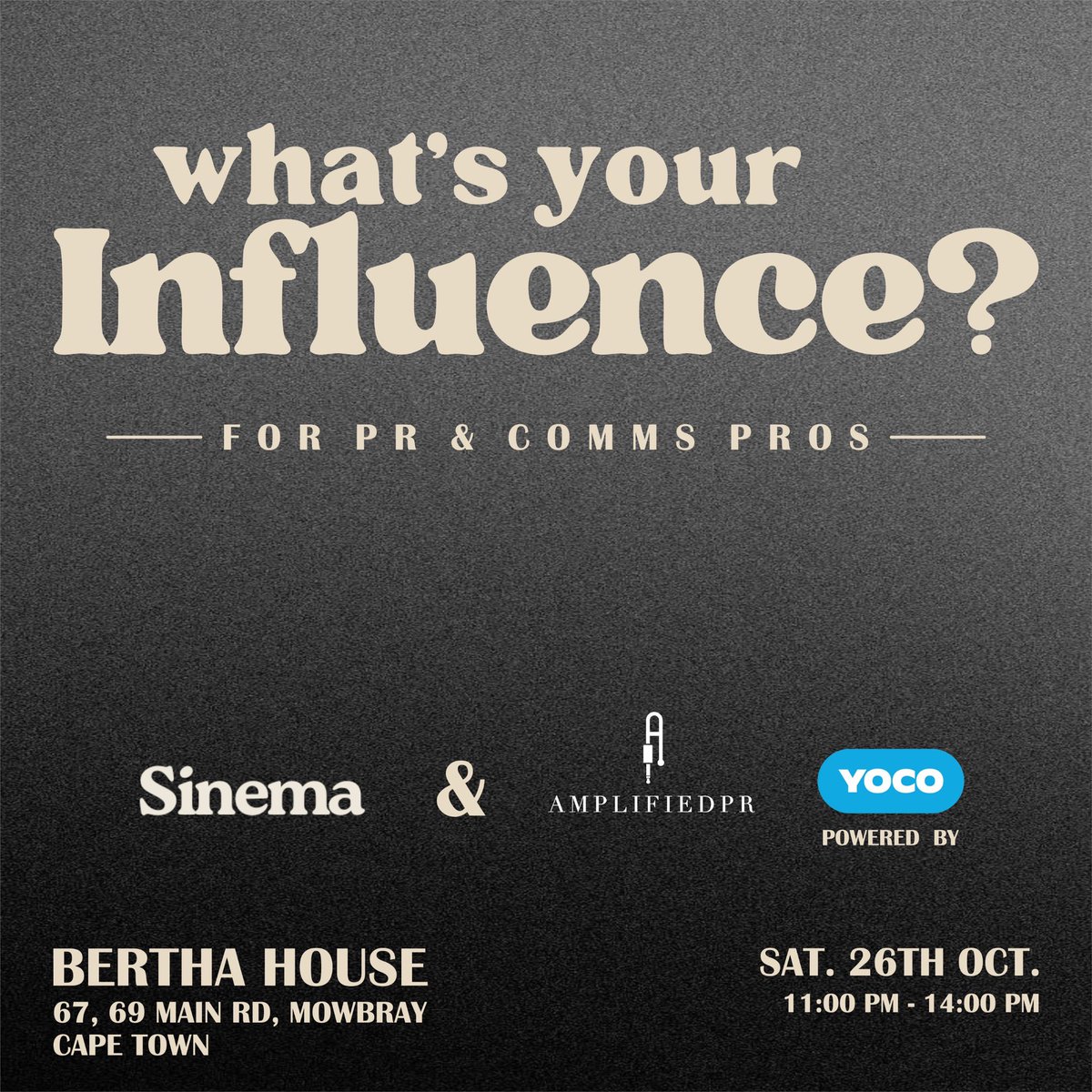 Almost everyone online has been shaped by influencers, but who’s doing the shaping? 

Join us for What’s Your Influence?, an insightful event hosted by Sinema and Amplified PR, supported by <a href="/Yoco_ZA/">Yoco</a> 

Link in bio to register! lu.ma/b6f66lfm?tk=t4…