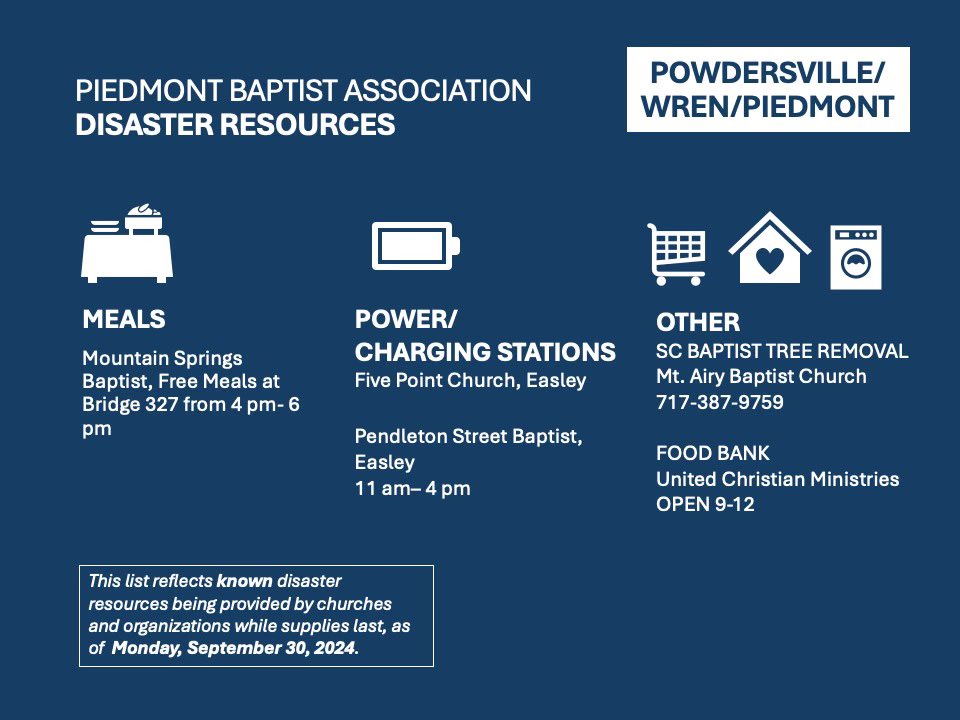 collins_neal's tweet photo. Piedmont Baptist Association churches &amp; the Easley YMCA offering meals, charging stations, food, laundry, tree removal, etc. Information in graphics. Thank y’all! https://t.co/QbKuUOPQ7b