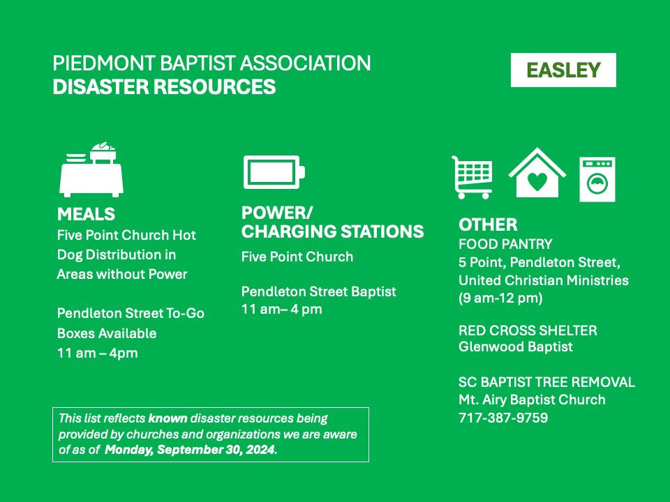 collins_neal's tweet photo. Piedmont Baptist Association churches &amp; the Easley YMCA offering meals, charging stations, food, laundry, tree removal, etc. Information in graphics. Thank y’all! https://t.co/QbKuUOPQ7b