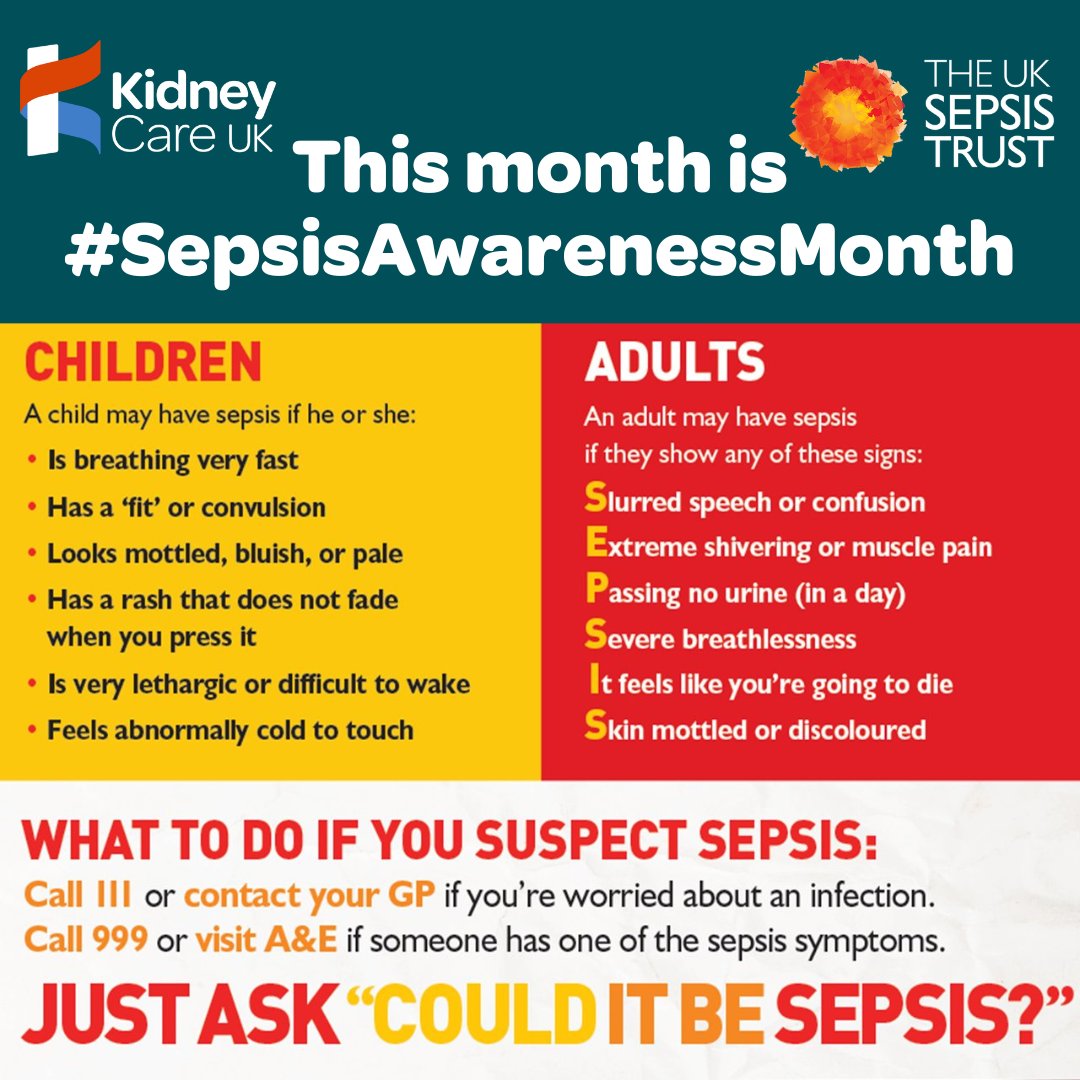 kidneycareuk's tweet photo. 🗓️ It's the last day of #SepsisAwarenessMonth. However, we should be looking out for signs of sepsis all year. If you have #CKD, are on dialysis or have had a kidney transplant, you're more at risk of developing sepsis

➡️ More sepsis info: https://t.co/CmFvpywJc8

@uksepsistrust https://t.co/ibQ43FYuRo