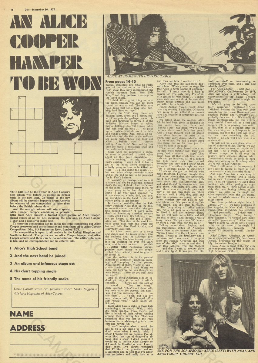 GlamSlam72's tweet photo. September 30th 1972
Disc magazine 
Alice Cooper 
Feature