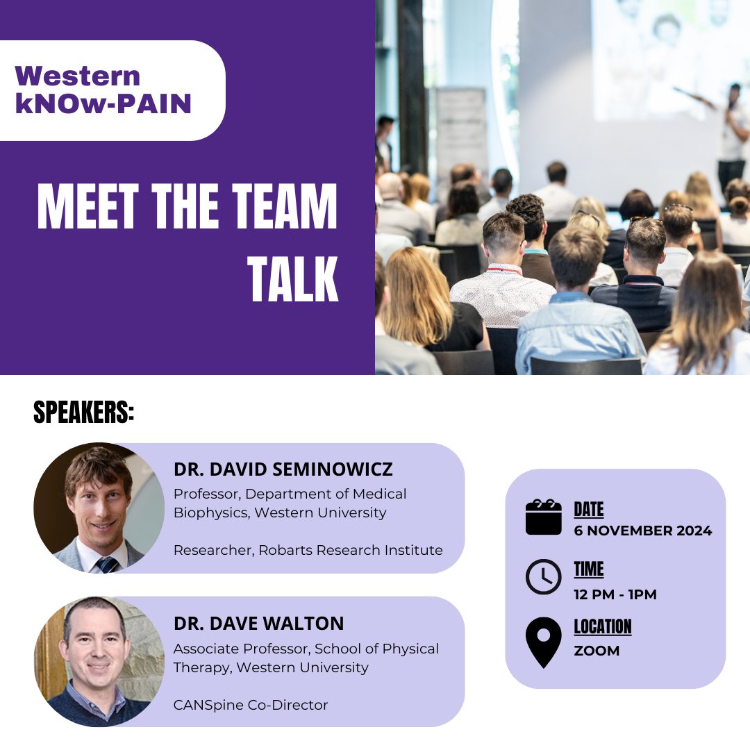 We are having our second Meet the Team Talk on November 6th with kNOw-PAIN co-leads Dr. David Seminowicz and Dr. Dave Walton! 
Join this free event via the zoom link: westernuniversity.zoom.us/j/97756313663
Or through our website: knowpain.ca/events