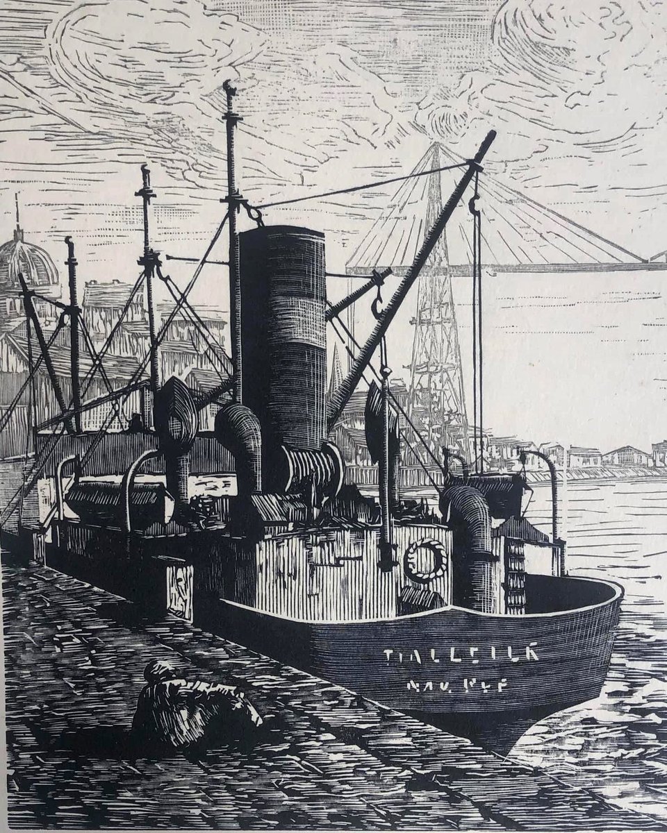 StephanePajot44's tweet photo. #Nantes, Notre-Dame de Bon Port, le port, le pont transbordeur, années 1930. Gravure de Gustave Clerbout (1899-1982) #Egaredanslesdates https://t.co/faMmpiq32X