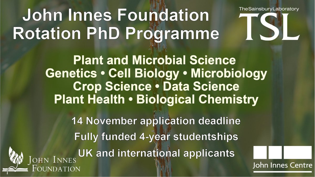 Apply for the John Innes Foundation Rotation PhD Programme 🪴 This prestigious 4-year #PhD programme trains graduate students in Plant and Microbial Sciences at  <a href="/JohnInnesCentre/">John Innes Centre</a>  &amp; The Sainsbury Laboratory
Closing date - 14 November 2024  
➡️ jic.ac.uk/training-caree…