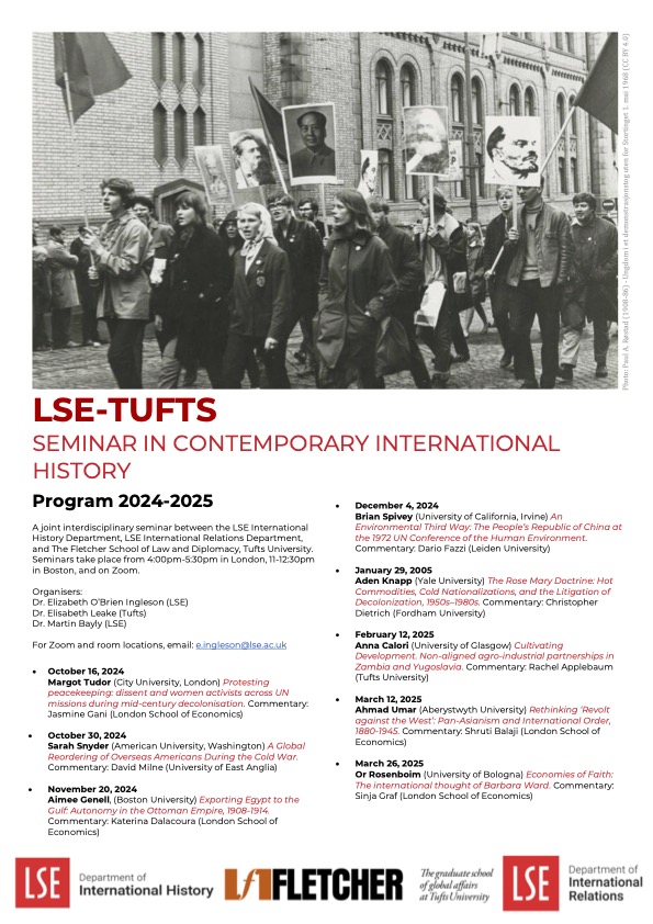Elizabeth O’Brien Ingleson (@lizingleson) on Twitter photo Alongside @elisabeth_leake and <a href="/mjbayly/">Martin Bayly</a> I'm pleased to share this year's line-up for the LSE-Tufts Seminar in Contemporary International History!
We meet Wednesdays in London, Boston & on Zoom. All welcome: email me for registration and to join our mailing list
Looking forward! Alongside @elisabeth_leake and <a href="/mjbayly/">Martin Bayly</a> I'm pleased to share this year's line-up for the LSE-Tufts Seminar in Contemporary International History!
We meet Wednesdays in London, Boston & on Zoom. All welcome: email me for registration and to join our mailing list
Looking forward!