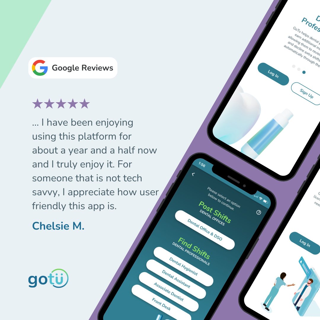 joingotu's tweet image. At GoTu, we're all about empowering dental pros to thrive with ease! From seamless app features to customer service that’s always got your back, GoTu is changing lives—one shift at a time.

#GoTuWork #GoTuCrew #DentalCommunity #WorkSmarter #Reviews #EmpowerYourFuture