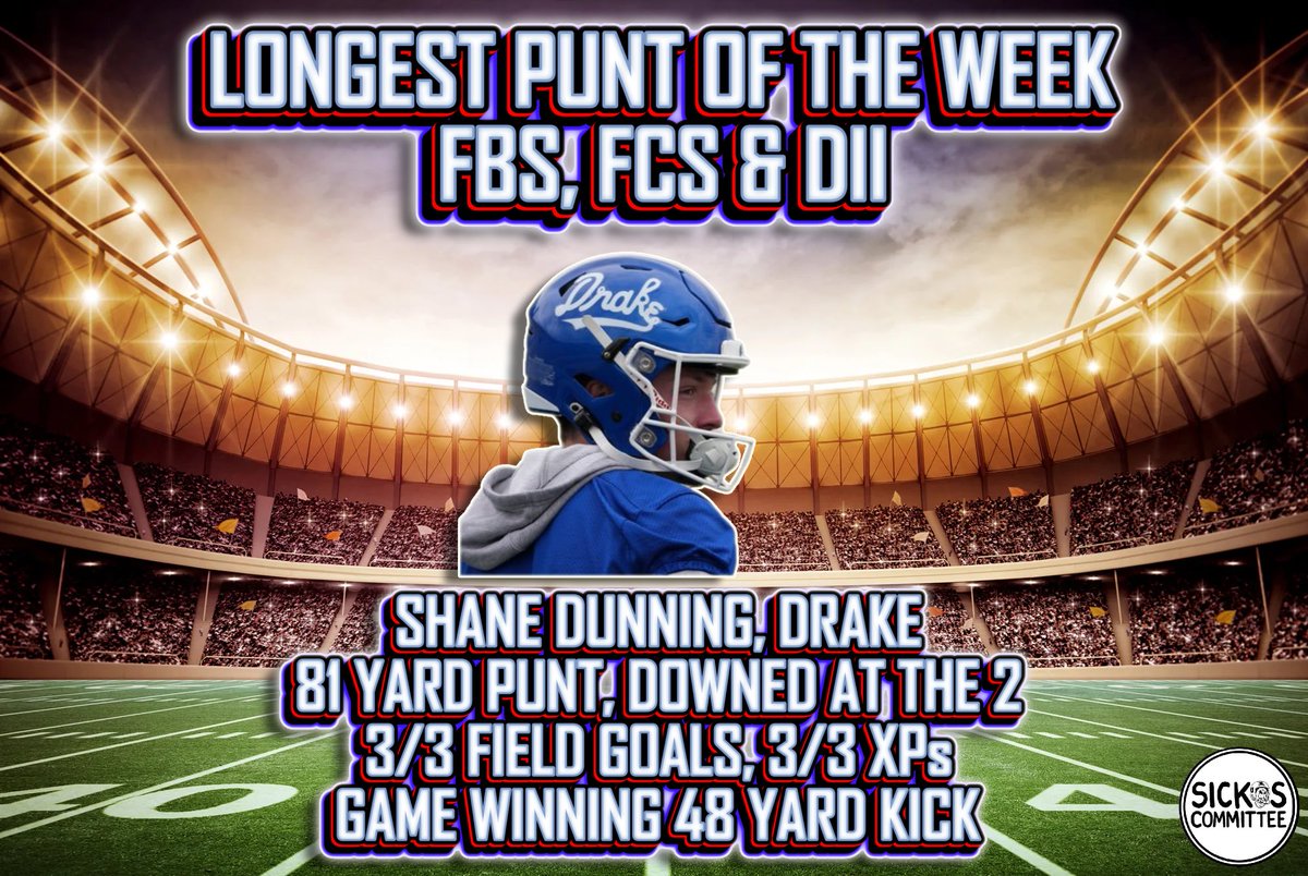 Sickos Committee (@sickoscommittee) on Twitter photo CONGRATS TO <a href="/DrakeBulldogsFB/">Drake Football</a> PUNTER/KICKER SHANE DUNNING FOR THE LONGEST PUNT OF THE WEEK!
AN 81 YARD BOOT DOWNED AT THE 2.
IF THAT WASNโT AWESOME ENOUGH, HE WENT 3/3 ON FIELD GOALS AND HIT THE GAME WINNING 48 YARDER AS DRAKE DEFEATED SAN DIEGO 30-28! CONGRATS TO <a href="/DrakeBulldogsFB/">Drake Football</a> PUNTER/KICKER SHANE DUNNING FOR THE LONGEST PUNT OF THE WEEK!
AN 81 YARD BOOT DOWNED AT THE 2.
IF THAT WASNโT AWESOME ENOUGH, HE WENT 3/3 ON FIELD GOALS AND HIT THE GAME WINNING 48 YARDER AS DRAKE DEFEATED SAN DIEGO 30-28!