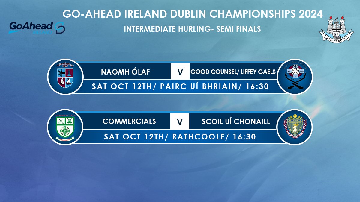 Dublin GAA (@dubgaaofficial) on Twitter photo <a href="/KCrokesGAAClub/">Kilmacud Crokes GAA</a> <a href="/nbarrog/">Naomh Barróg CLG</a> <a href="/FaughsGAA/">Faughs GAA Club</a> <a href="/plunketts_ie/">St. Oliver Plunkett Eoghan Ruadh GAA Club</a> <a href="/ClontarfGAAClub/">Clontarf GAA Club/CLG Chluain Tarbh</a> <a href="/theislesclg/">Erin's Isle GAA Club</a> <a href="/clgNaFianna/">CLG Na Fianna</a> <a href="/Fingallians/">Fingallians</a> And here are the fixture details for the Go-Ahead Ireland Intermediate Hurling Semi Finals
Full fixtures available here ➡️ bit.ly/4badYYG
#GoAheadDSC <a href="/KCrokesGAAClub/">Kilmacud Crokes GAA</a> <a href="/nbarrog/">Naomh Barróg CLG</a> <a href="/FaughsGAA/">Faughs GAA Club</a> <a href="/plunketts_ie/">St. Oliver Plunkett Eoghan Ruadh GAA Club</a> <a href="/ClontarfGAAClub/">Clontarf GAA Club/CLG Chluain Tarbh</a> <a href="/theislesclg/">Erin's Isle GAA Club</a> <a href="/clgNaFianna/">CLG Na Fianna</a> <a href="/Fingallians/">Fingallians</a> And here are the fixture details for the Go-Ahead Ireland Intermediate Hurling Semi Finals
Full fixtures available here ➡️ bit.ly/4badYYG
#GoAheadDSC
