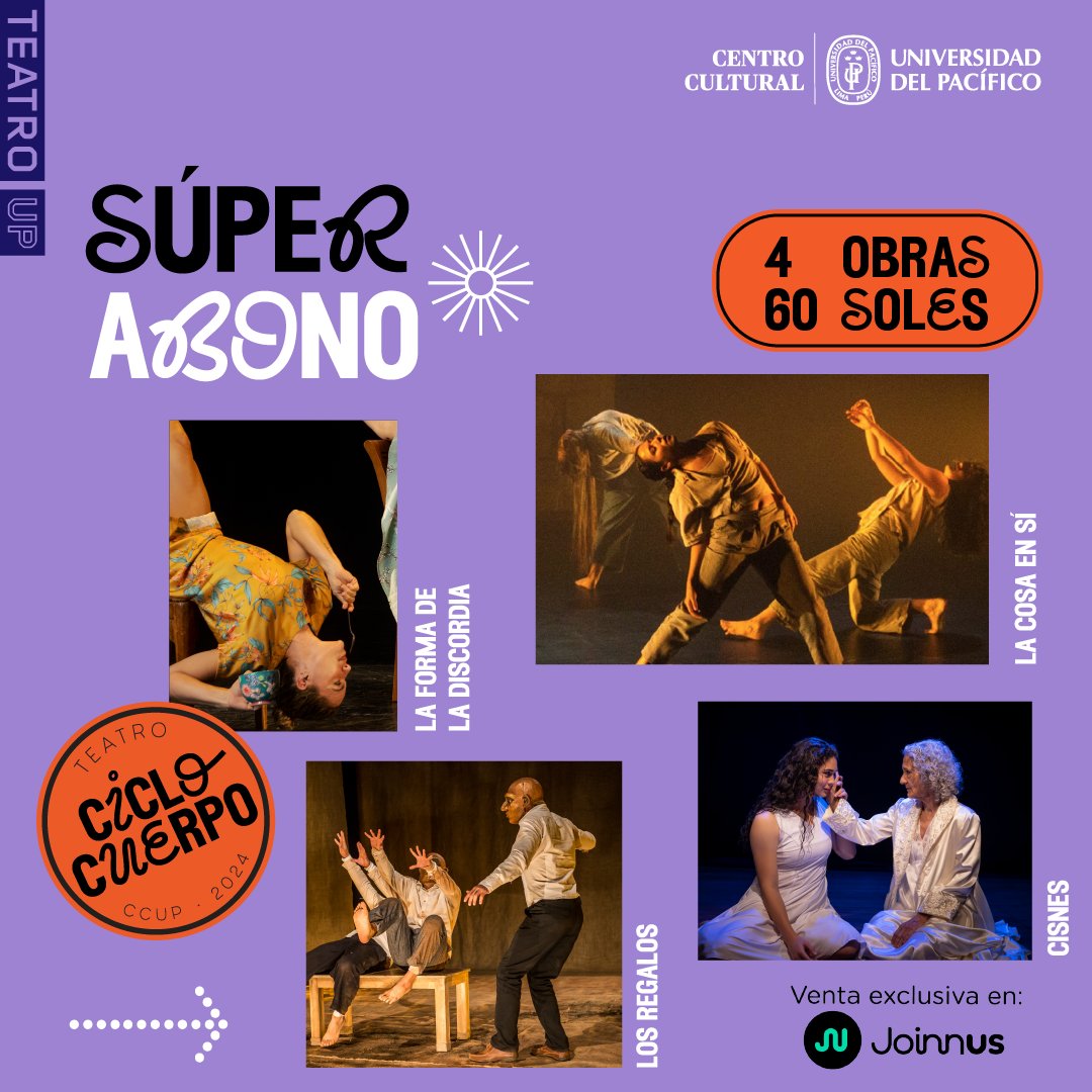Aprovecha este super abono: ¡4 obras por 60 soles!

Funciones Ciclo cuerpo: 
La forma de la discordia: 13 de octubre
Los regalos: 10 de noviembre 
Cisnes: 17 de noviembre 
La cosa en sí: 1ro de diciembre.

Hora: 7:00 p. m.
🎟️📲Tus entradas en <a href="/joinnus/">Joinnus</a>:
sge.st/x5Jh1nM