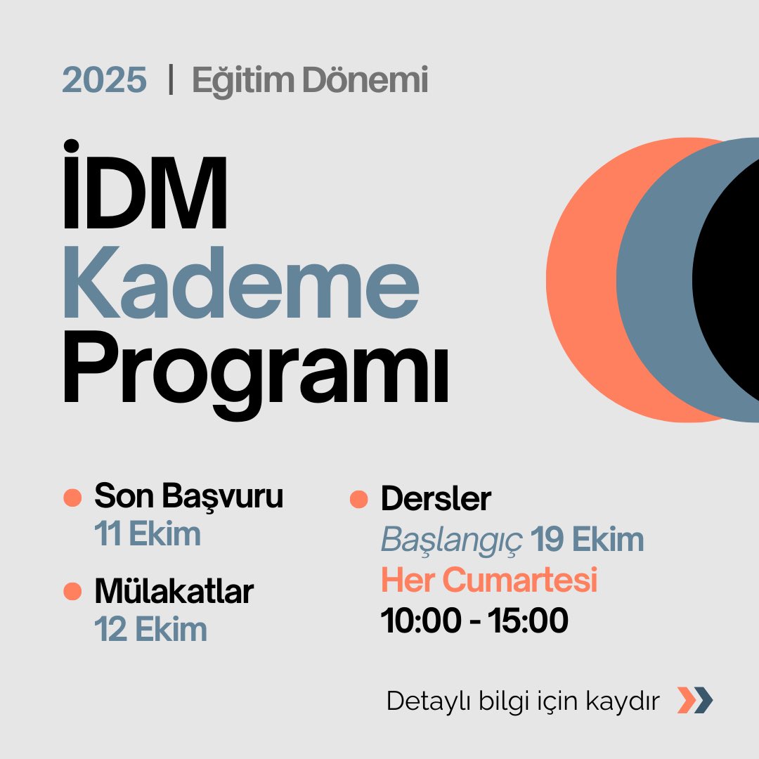 📋 İDM Kademe Programı yeni dönem kayıtları başladı.

🗓️ Son gün 11 Ekim

✍️ Başvuru Linki:
forms.gle/ULB3zoEhiyqieD…