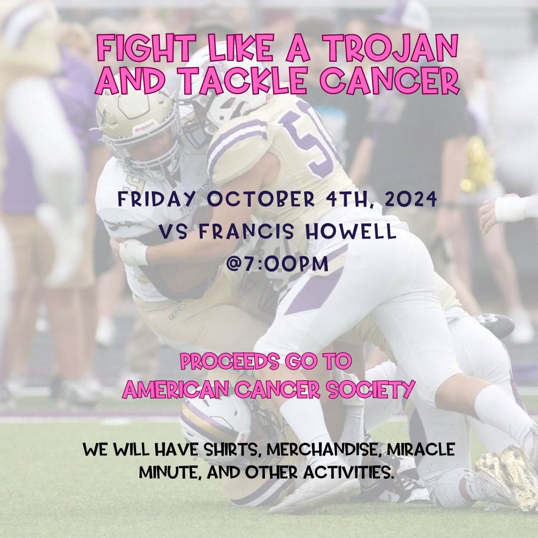 tbhshosa's tweet photo. 🏈Trojans Tackle Cancer Night - 10/4/24! The boys will take the field for an exciting night of football & support a great cause!
Together, we can make a positive impact in the fight against cancer.
#TrojansVsCancer #SupportACS https://t.co/T0IpAP3UHo