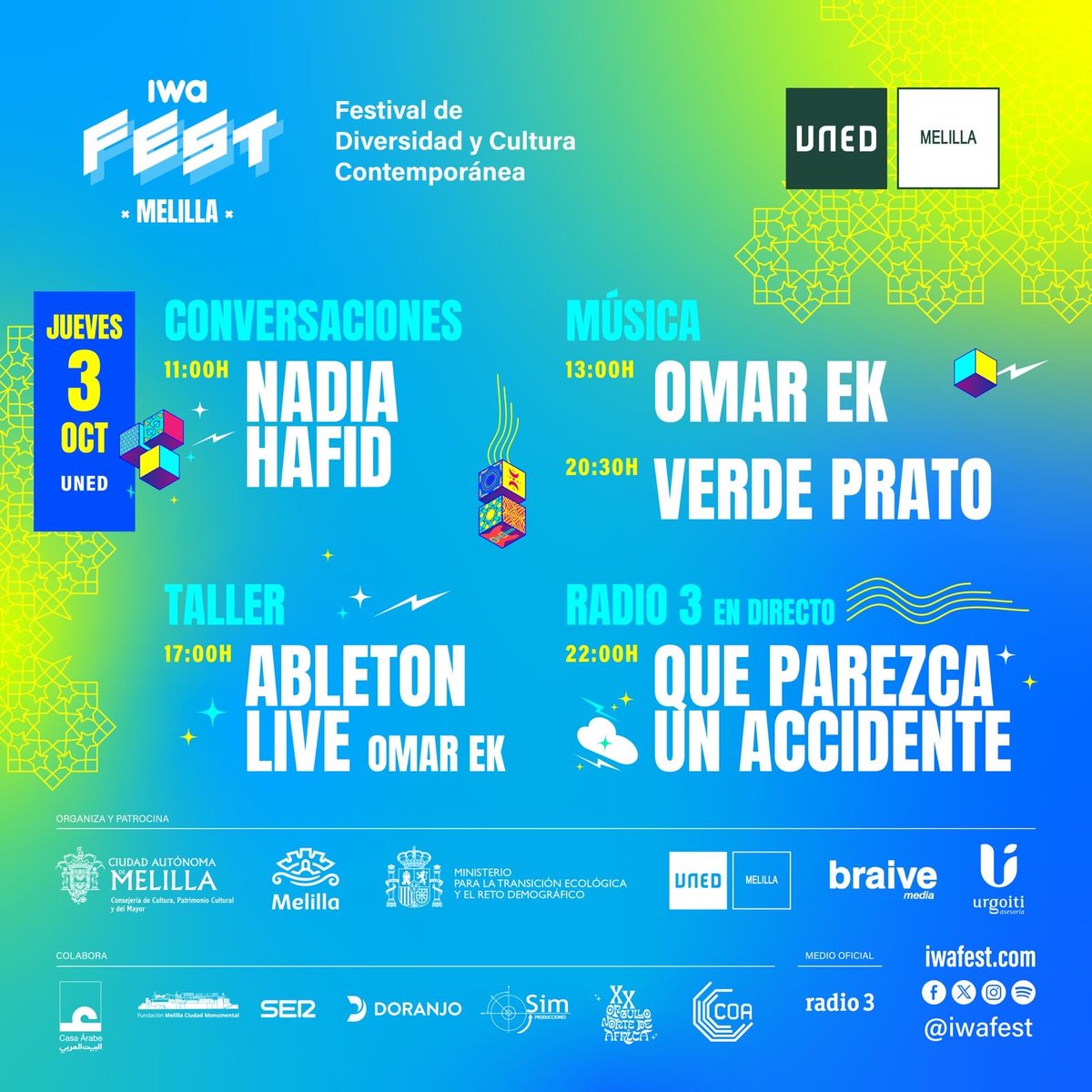 UNEDMelilla's tweet photo. 🟢 No te pierdas estas actividades imprescindibles del Iwa FEST
📅 3  octubre de 2024.
🏛️ UNED Melilla https://t.co/STuIsxuwsC