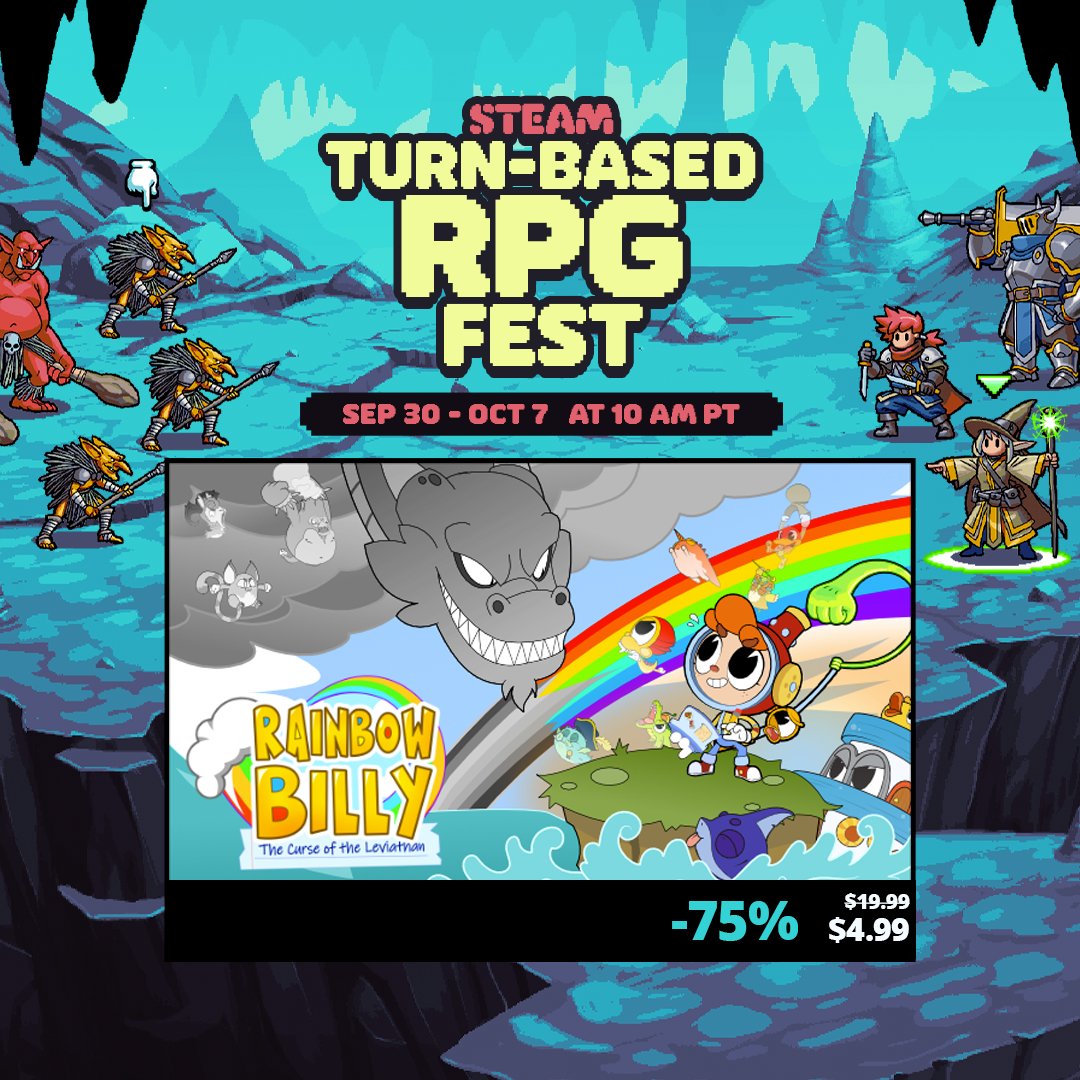 The Steam Turn Based RPG Fest begins NOW and with that, Rainbow Billy is 75% off! 🌈🧡

Jump into our family-friendly, openly accessible, RPG-infused adventure in which you must save whimsical creatures by bringing back color to the world!

Store: store.steampowered.com/app/1106830/Ra…

#Steam