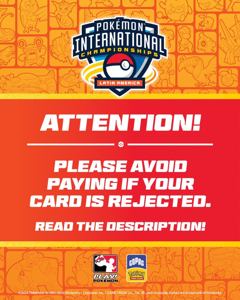 Newest update from <a href="/CopagPokemon/">Copag Pokémon</a> about #PokemonLAIC registration posted on Facebook and Instagram.

🇺🇸 Competitors, we want to bring to your attention an issue that keeps happening when trying to secure a spot for #PokemonLAIC - if you try to pay with one card and it gets
