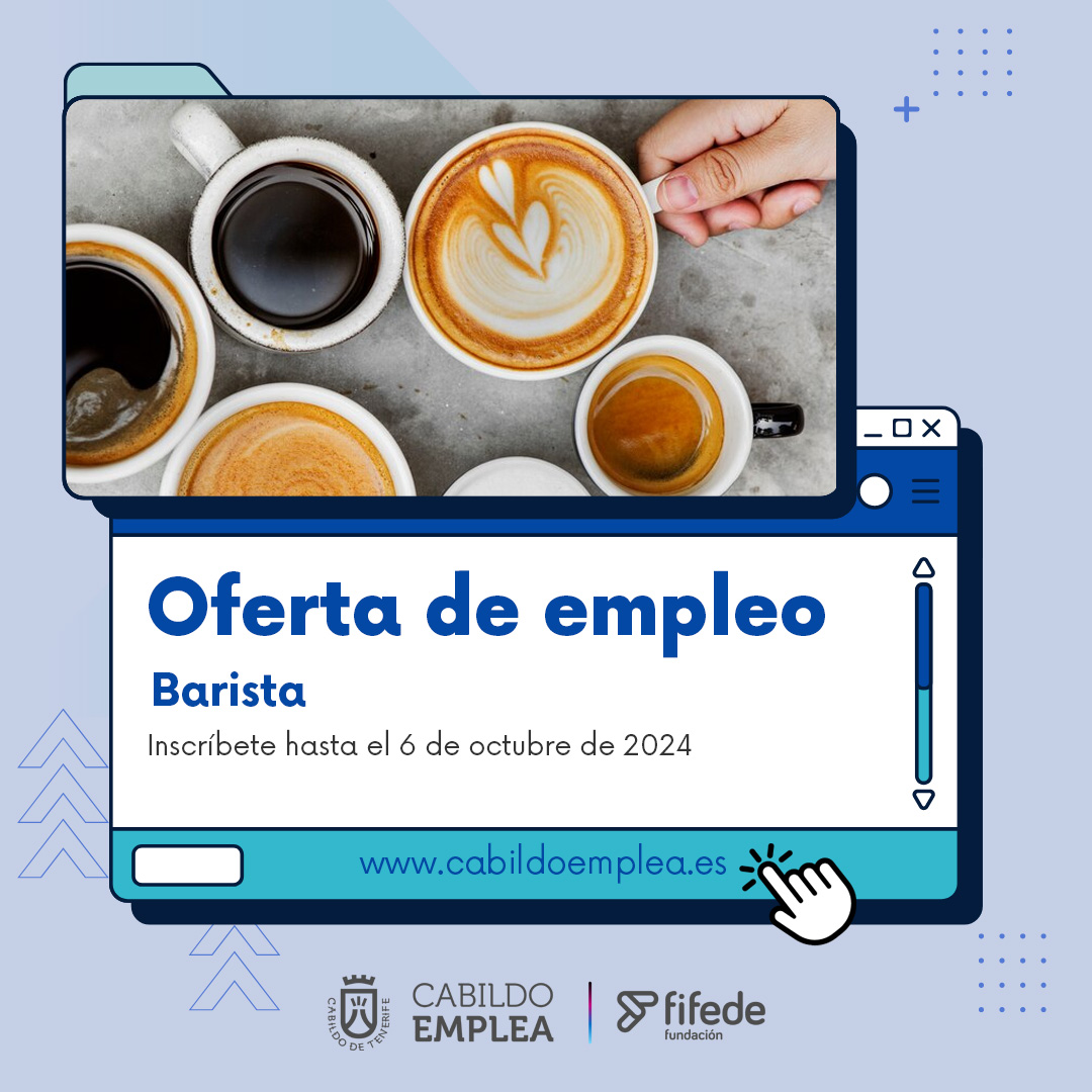 TemesDaniel's tweet photo. [ TENERIFE ] #RST #EMPLEO | Por cortesía de Cabildo Emplea:
#EMPLEO ☕ En Cafés Candelas buscan una persona para cubrir un puesto de Barista.
Más información en este enlace. ▶ https://t.co/bPRMnbWiiU
#CabildoEmplea | #EmpleoTenerife | Cabildo de Tenerife https://t.co/H5ytcGLPTj