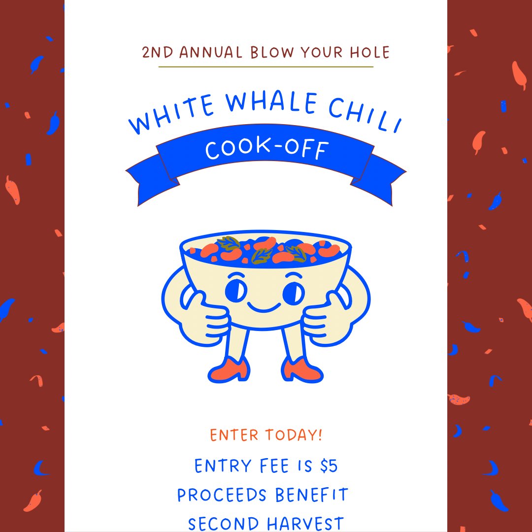 2nd Annual Chili Cook Off! With Sweetwater Brewing and Second Harvest of Coastal GA for our cook-off! 

To register as a participant, email us at info@WhiteWhaleCraftAles.com to lock in your spot - space is limited!
 
The event details: 
Thursday
November 21
Entry fee: $5.00